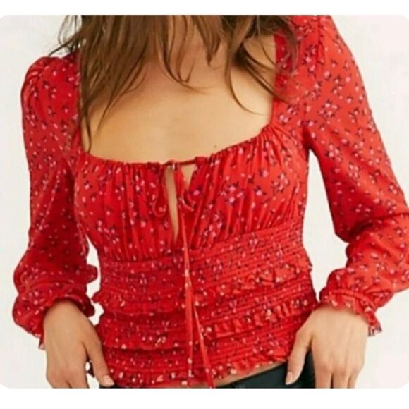 Free People Lolita Top Red Women's Keyhole Floral Pouf Square Neck Blouse Sz M - Picture 3 of 13